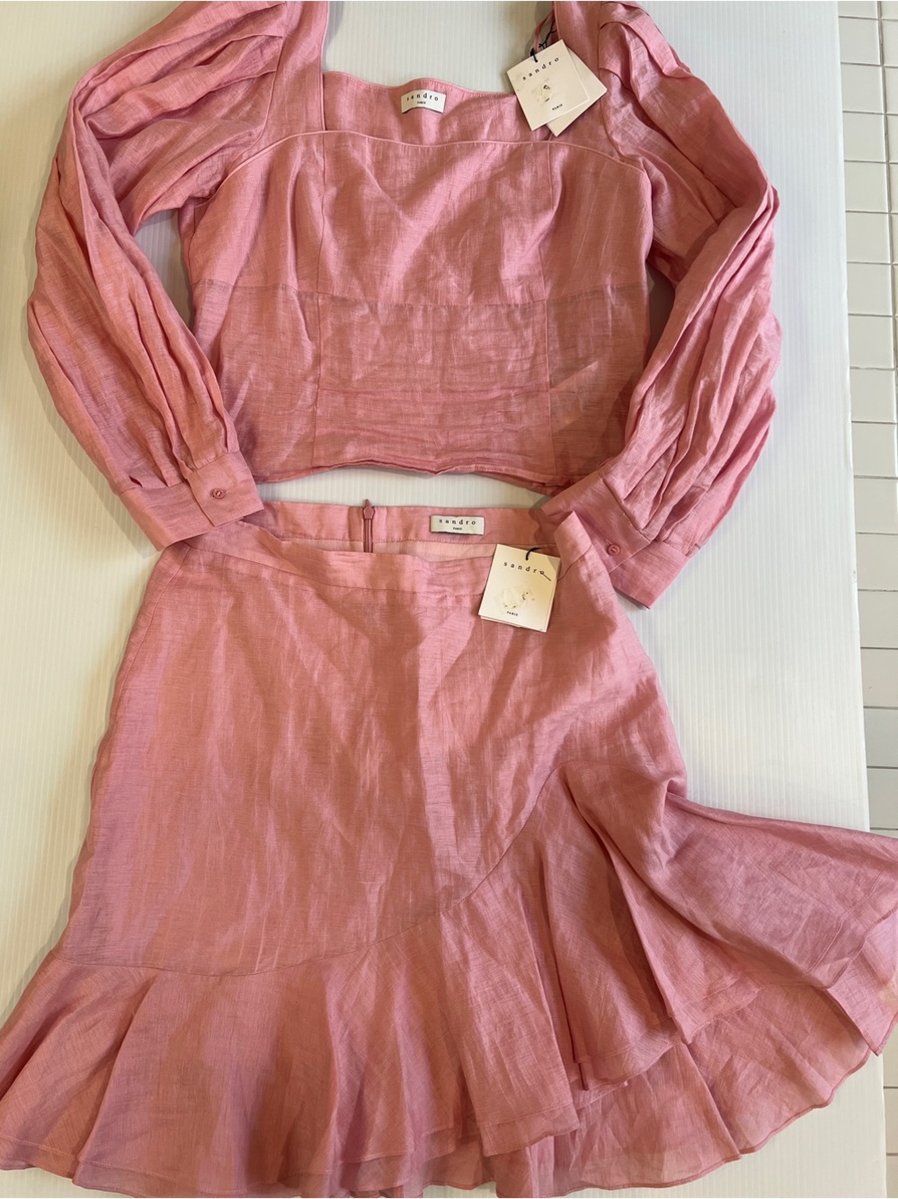 New Sandro Women’s Two-Piece Pink Blend Top (Medium) & Skirt (Medium) 𝐒𝐄𝐓